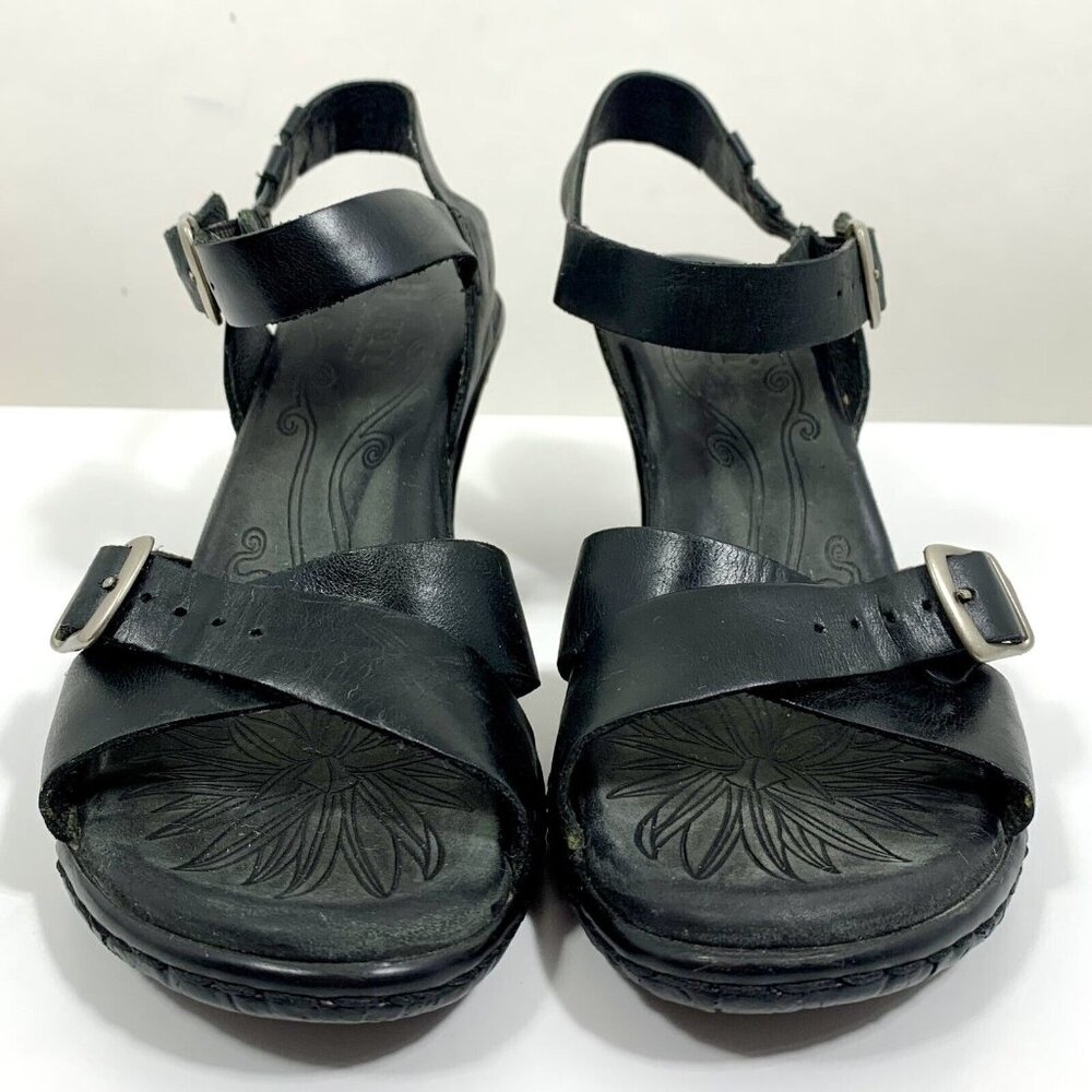 BORN Du Jour Platform Wedge Buckle Straps Sandal In Black Leather SZ 8 US